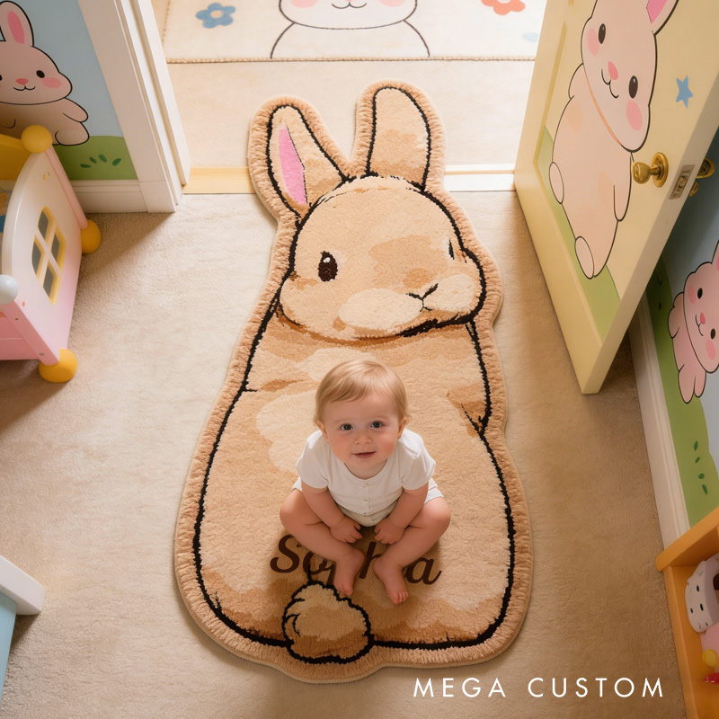 Personalized Cute Bunny Theme Custom Name Fluffy Animal Shape Warm Nursery Carpet Rug for Kids