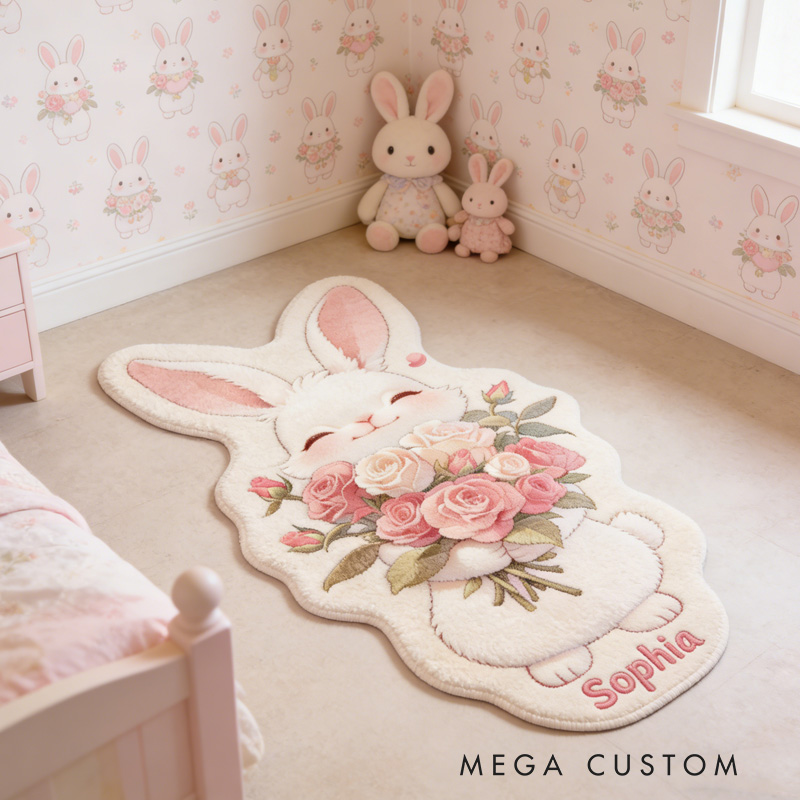 Personalized Rabbit Theme Custom Name Adorable Bunny with Floral Bouquet Cozy Carpet Rug for Kids