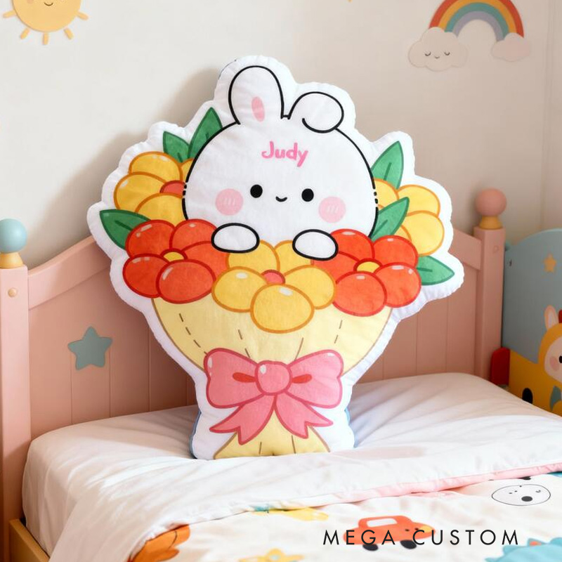 Personalized Bunny Theme Custom Name Cute Rabbit in Flower Basket with Pink Bow 3D Print Pillow