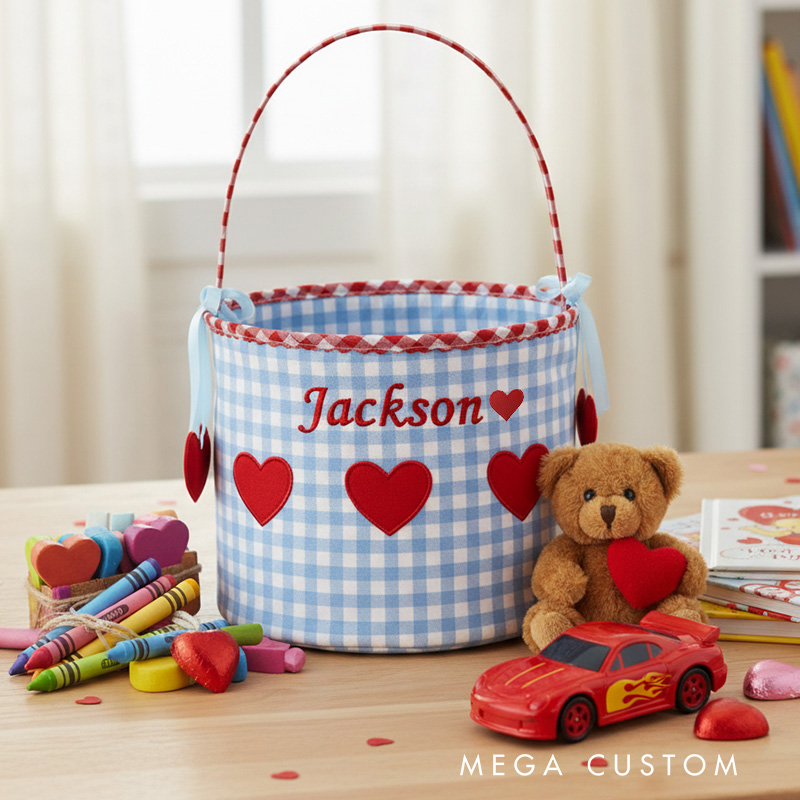 Personalized Gingham Heart Bucket Bag with Embroidered Name Birthday Valentine's Day School Exchange Gift for Kid