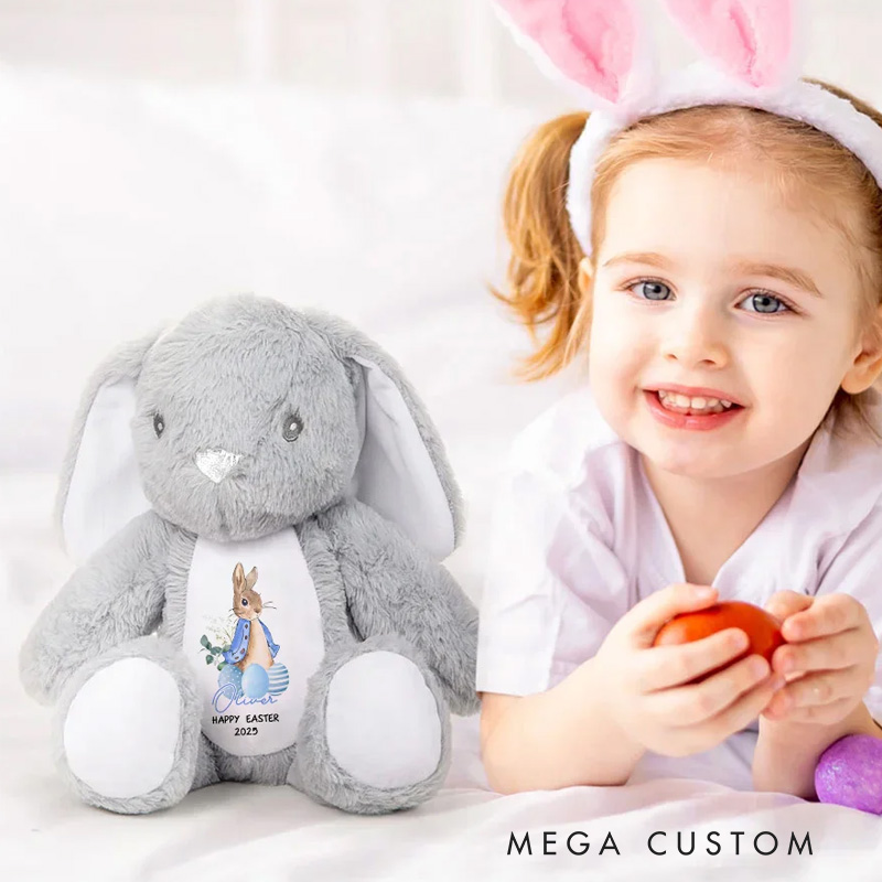 Personalized Peter Rabbit Easter Eggs Cute Bunny Plush Stuffed Animal Toy with Name and Year First Easter Holiday Baby Shower Gift for Kids