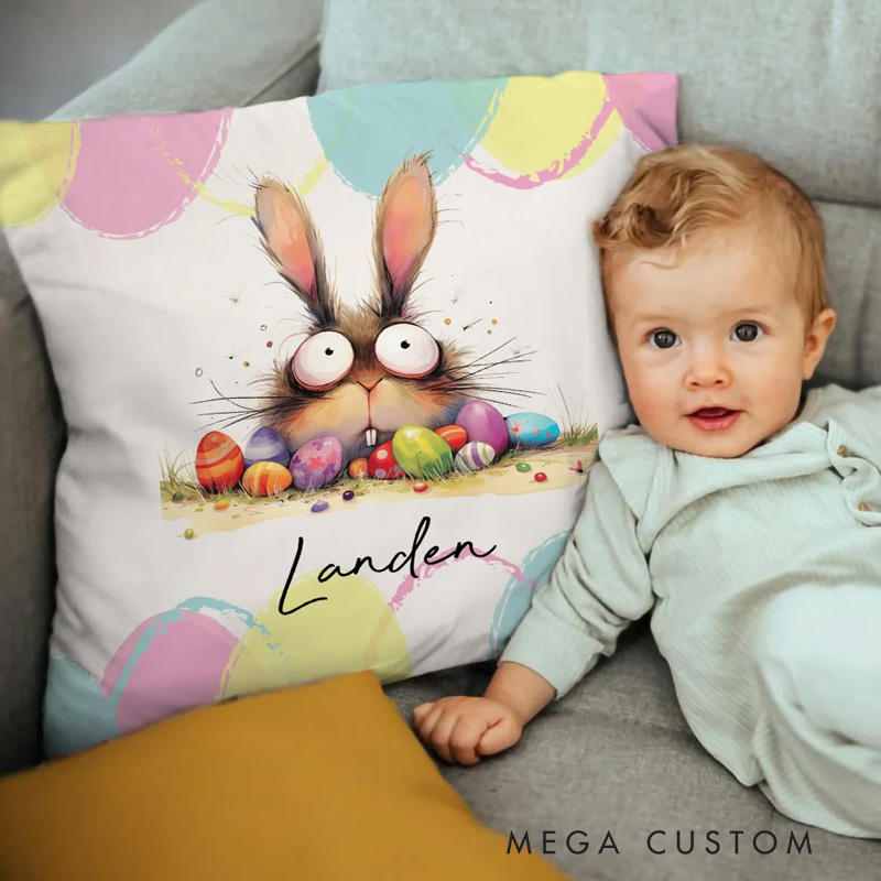 Personalized Quirky Easter Egg Bunny Soft Throw Pillow Cover with Name Easter Party Home Decor Gift for Kids