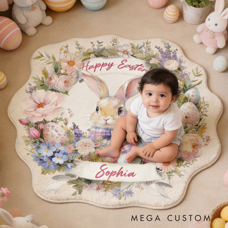 Personalized Bunny Theme Custom Name Cute Easter Rabbit with Floral Wreath Pastel Carpet Rug for Kids
