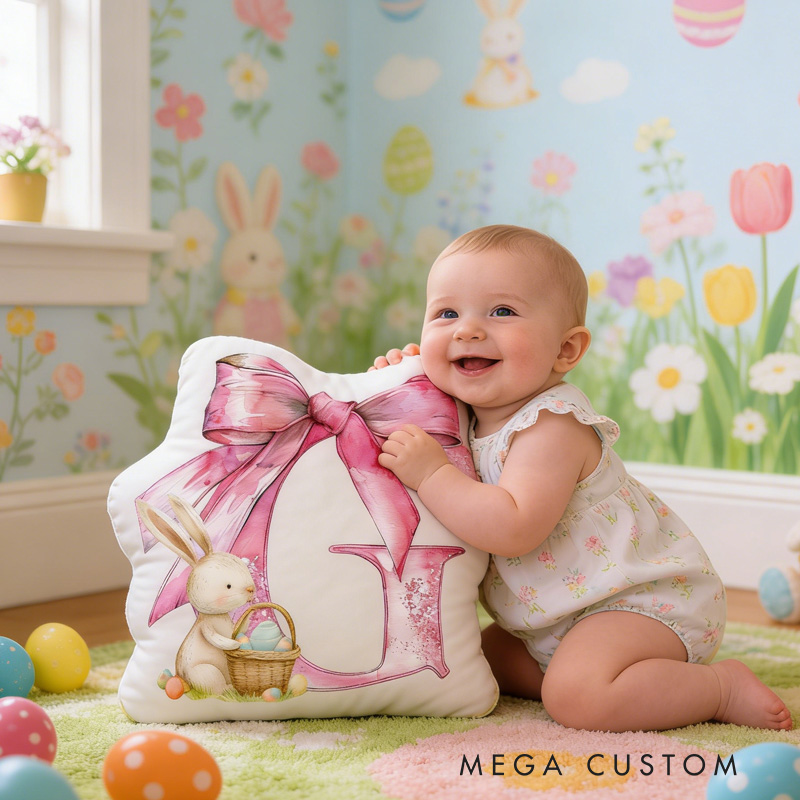 Personalized Bunny Theme Custom Name Cute Rabbit with Big Pink Blue Bow 3D Print Pillow