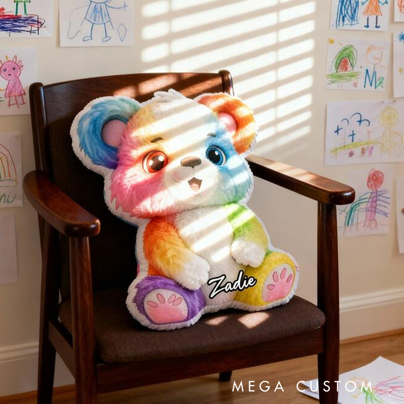 Personalized Cute Teddy Theme Custom Name Bright Colorful Rainbow Bear Pattern 3D Print Pillow