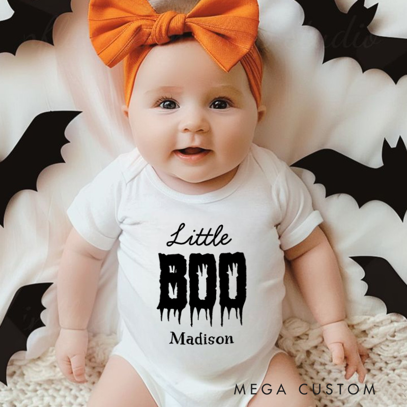 Personalized Little Boo Featuring Dripping Text and Customizable Name for Baby’s Halloween Celebration Baby Onesie