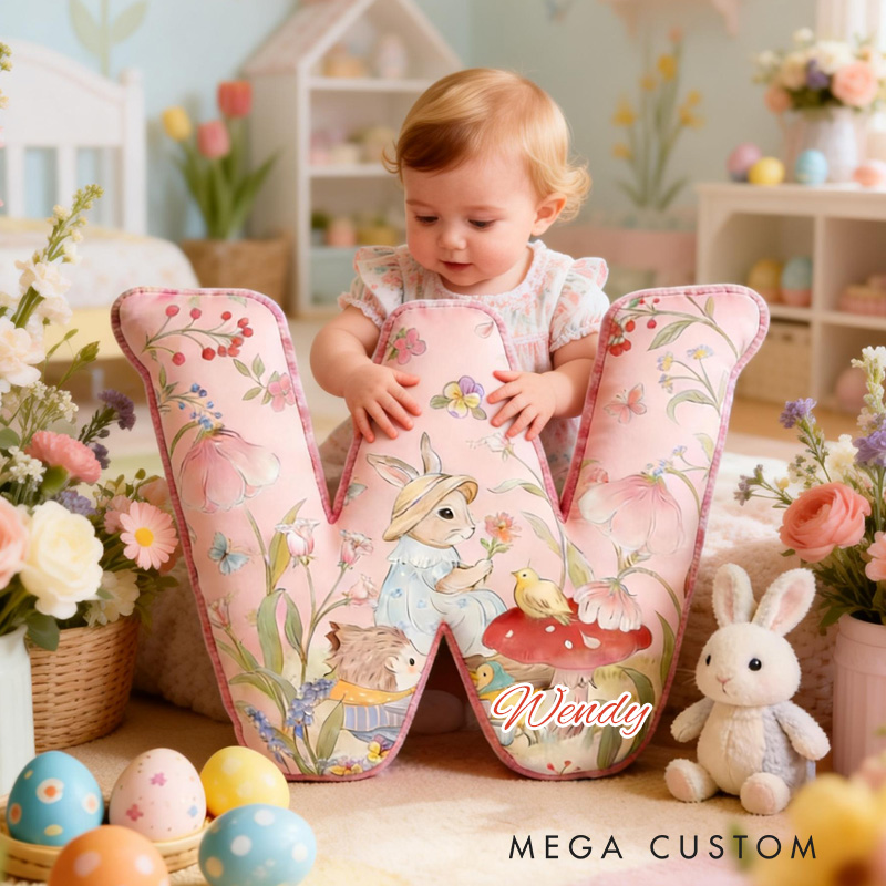 Personalized Bunny Theme Custom Name Cute Rabbit with Eggs and Flowers Pink 3D Print Pillow