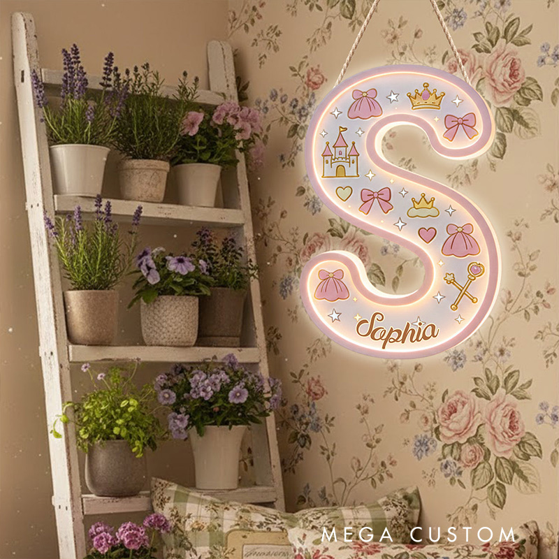 Personalized Princess Theme Custom Name Crown Castle and Bow Pattern Nursery LED Light Acrylic Sign