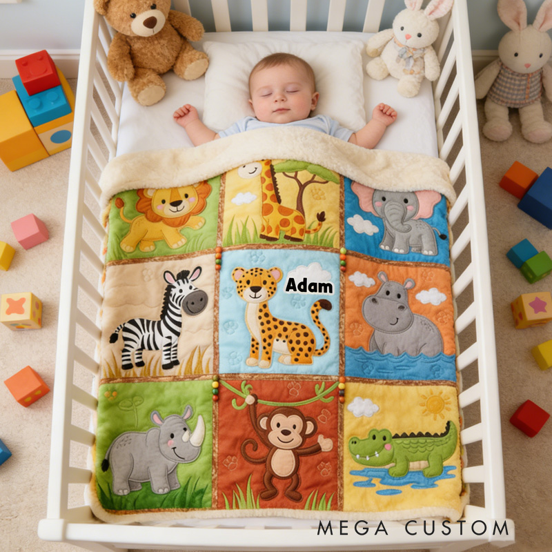 Personalized Jungle Animal Theme Custom Name Cute Safari Lion Giraffe Elephant Monkey Blanket