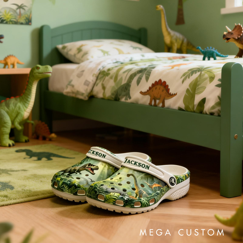 Personalized Dinosaur Theme Custom Name Green Jungle T Rex Pattern Adventure Kids Rubber Clogs