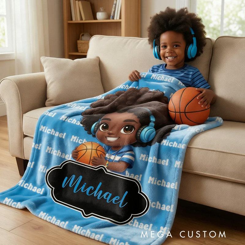 Personalized Cute Cartoon Little Black Boy Soft Throw Blanket with Name Home Decor Birthday Anniversary Gift for Boys