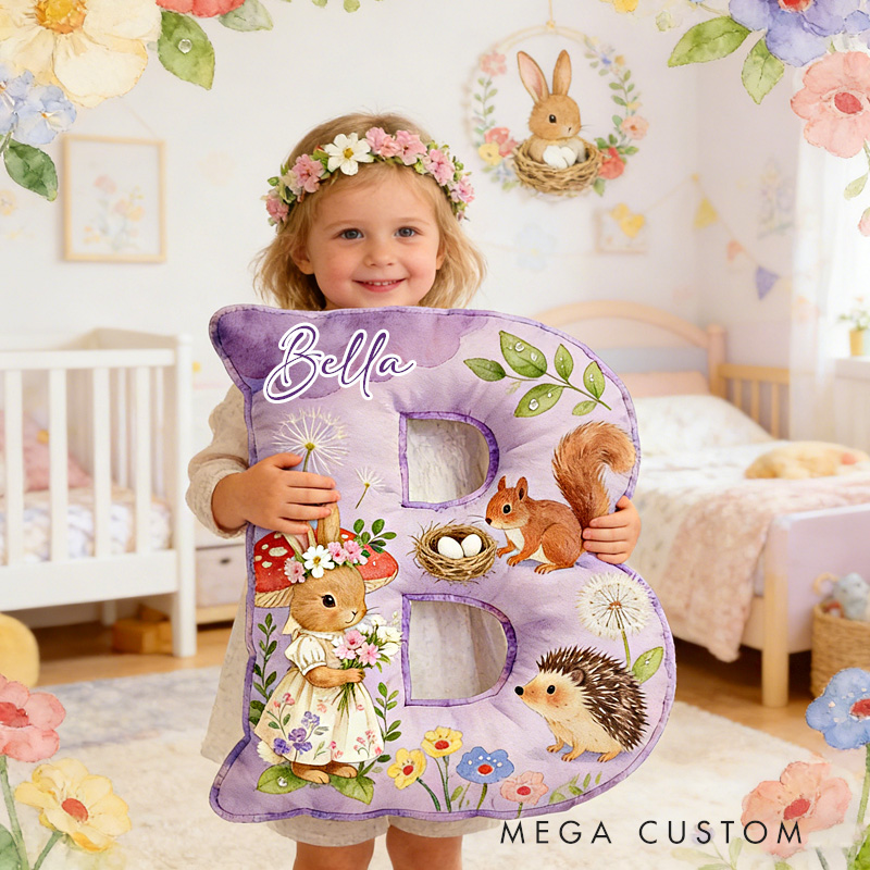 Personalized Woodland Animal Theme Custom Name Cute Bunny Hedgehog and Squirrel Pattern 3D Print Pillow