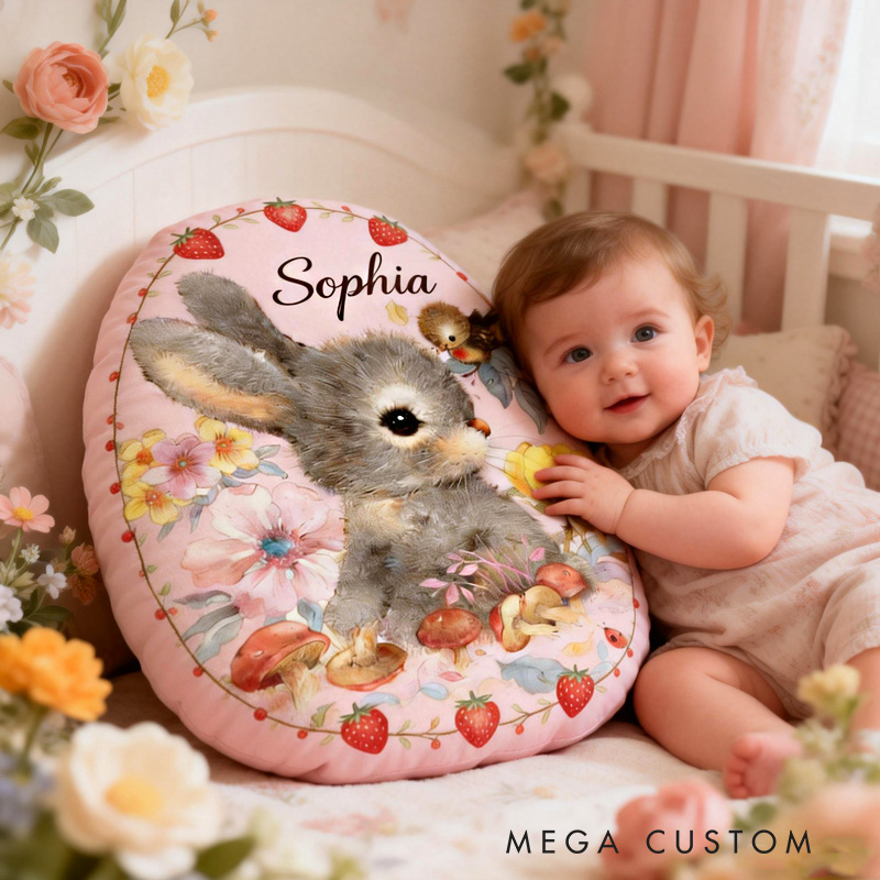 Personalized Bunny Theme Custom Name Cute Floral Rabbit Pattern Soft Nursery Decor 3D Print Pillow