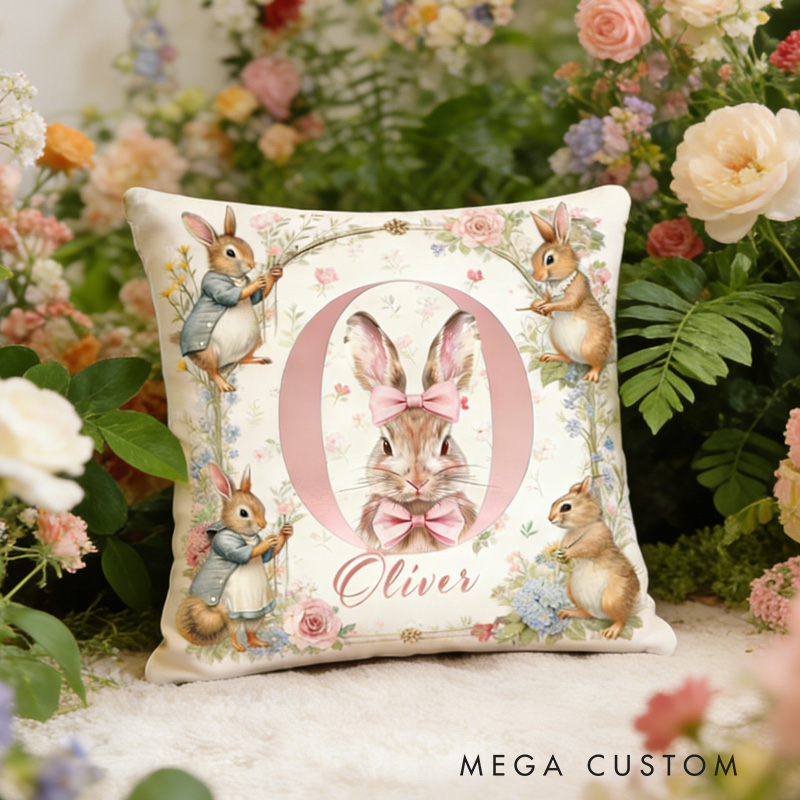 Personalized Bunny Theme Custom Name Cute Vintage Rabbit and Flower Pattern Nursery 3D Print Pillow