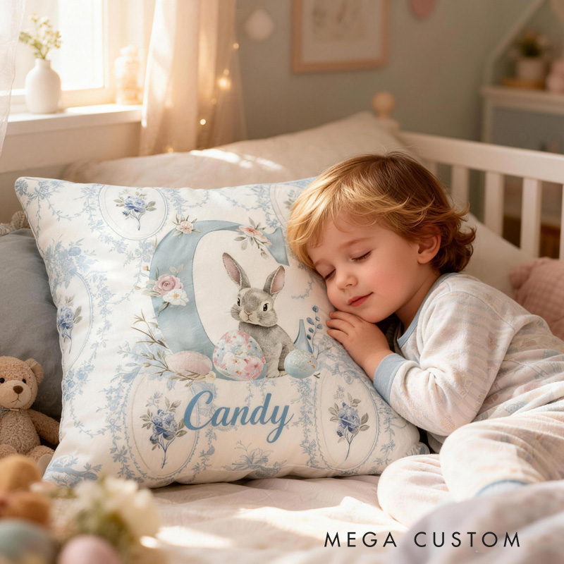 Personalized Bunny Theme Custom Name Soft Blue Floral Rabbit Pattern Baby Nursery 3D Print Pillow
