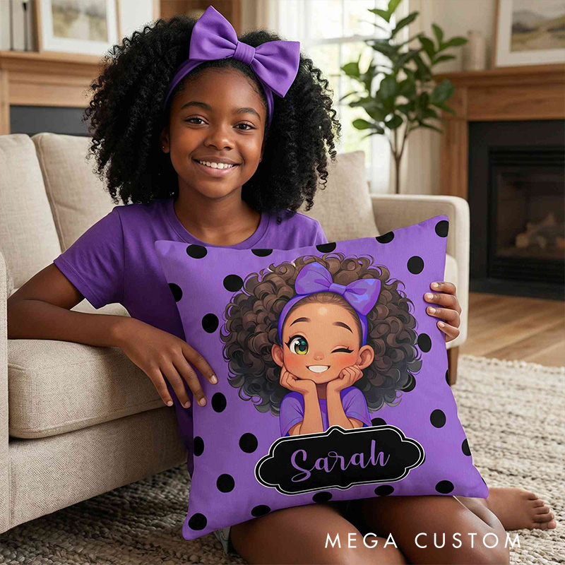 Personalized Girl Theme Custom Name Cute Pink Polka Dot Cartoon Character Style 3D Print Pillow
