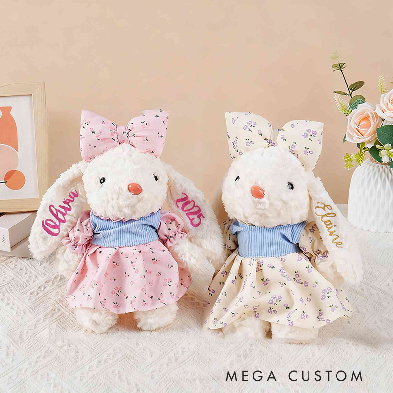 Personalized Cute Bunny Theme Custom Name Adorable Rabbit with Bow and Floral Dress Bunny Doll Toy