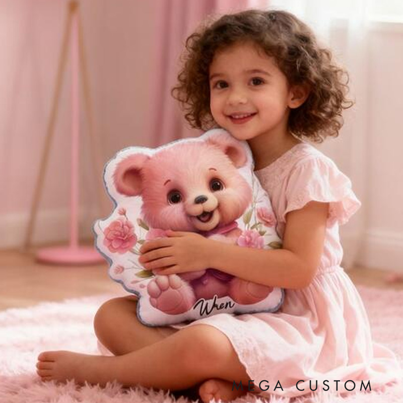 Personalized Nursery Decor Theme Custom Name Charming Pink Teddy with Floral Details 3D Print Pillow