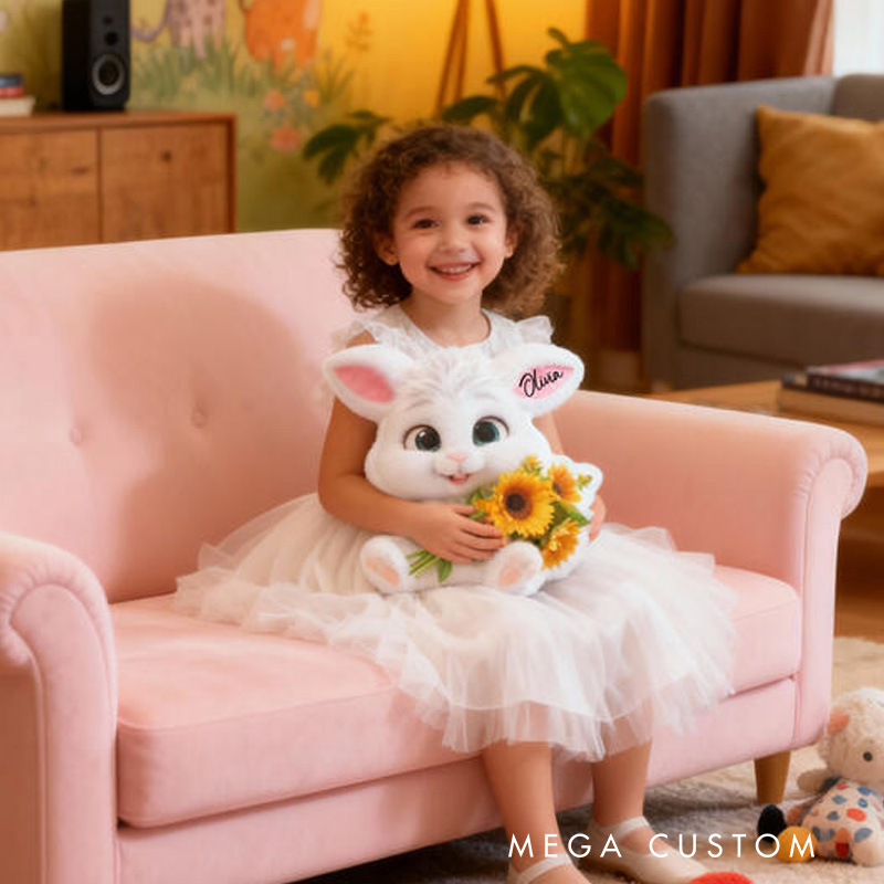 Personalized Bunny Theme Custom Name Cute White Rabbit Holding Sunflowers Soft 3D Print Pillow