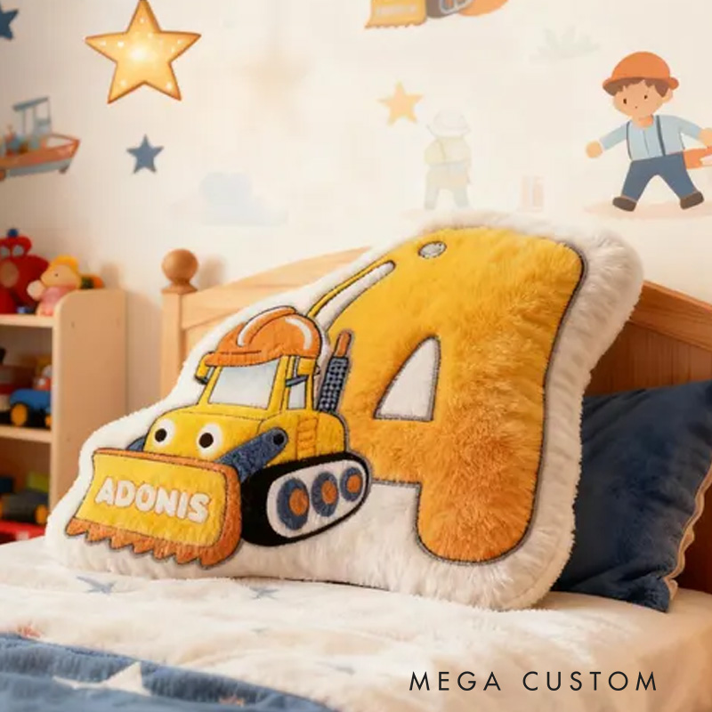 Personalized Construction Theme Custom Name Yellow Alphabet Cushion with Excavator 3D Print Pillow