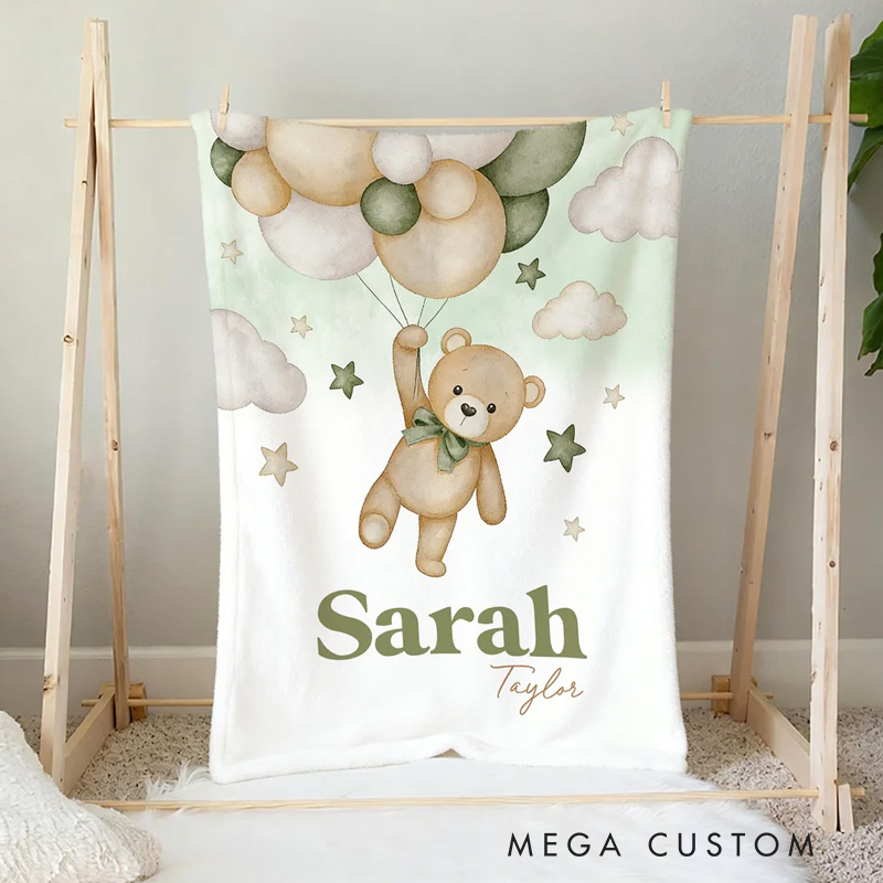 Personalized Bear Balloon Soft Throw Blanket with Name Home Decor Birthday Baby Shower Gift for Newborns Kids