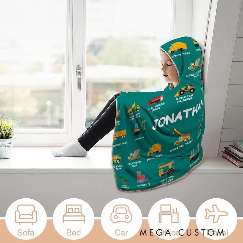 Personalized Construction Truck Baby Hooded Blanket with Name Soft and Warm Christmas Birthday Gift for Kids