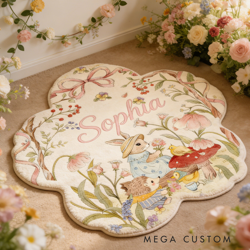 Personalized Woodland Theme Custom Name Cute Animal Forest Scene Soft Flower Shape Carpet Rug for Kids