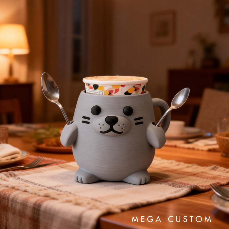 Personalized Animal Theme Custom Name Cute Seal Shape Ice Cream Holder Fun Kitchen 3D Printed Cozy with Spoon Slot