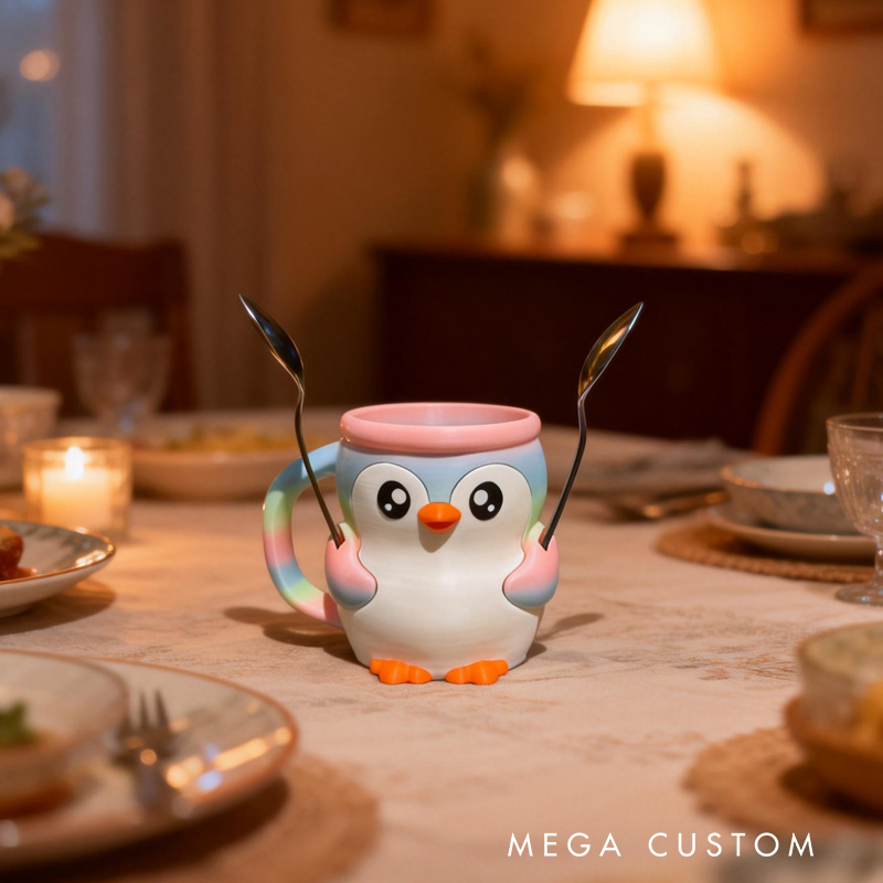 Personalized Cartoon Theme Custom Name Adorable Pink Penguin Dessert Cup Stand 3D Printed Cozy with Spoon Slot