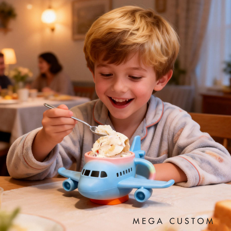 Personalized Airplane Theme Custom Name Cute Blue Plane Shape Ice Cream Holder 3D Printed Cozy with Spoon Slot