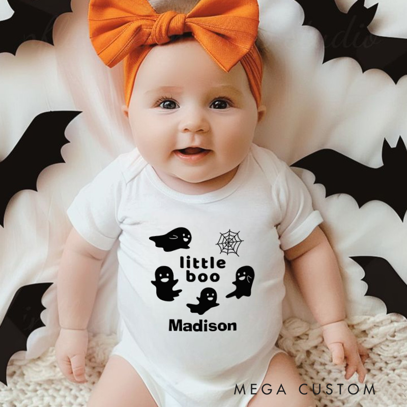 Personalized Little Boo Featuring Ghosts and Spider Web Motif with Customizable Name for Baby Onesie