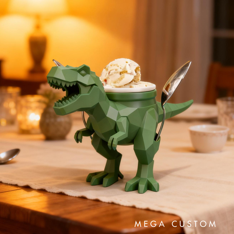 Personalized Dinosaur Theme Custom Name Cool Green T Rex Ice Cream Holder 3D Printed Cozy with Spoon Slot