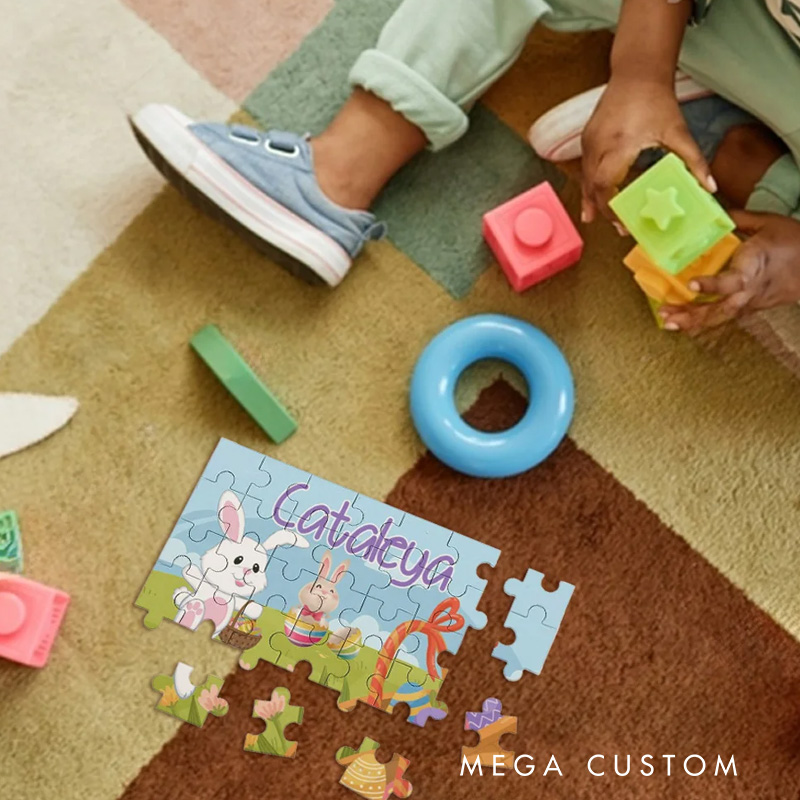 Personalized Floral Easter Eggs Cute Bunny 35 Pieces Puzzle with Name Holiday Basket Stuffers Easter Party Birthday Gift for Boys Girls