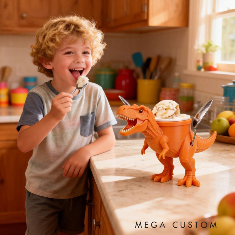 Personalized Dinosaur Theme Custom Name Cool Orange T Rex Ice Cream Holder 3D Printed Cozy with Spoon Slot