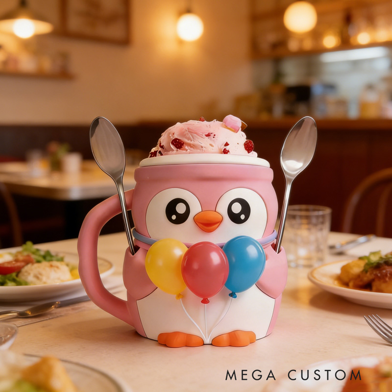 Personalized Party Theme Custom Name Adorable Penguin with Balloons Dessert Stand 3D Printed Cozy with Spoon Slot