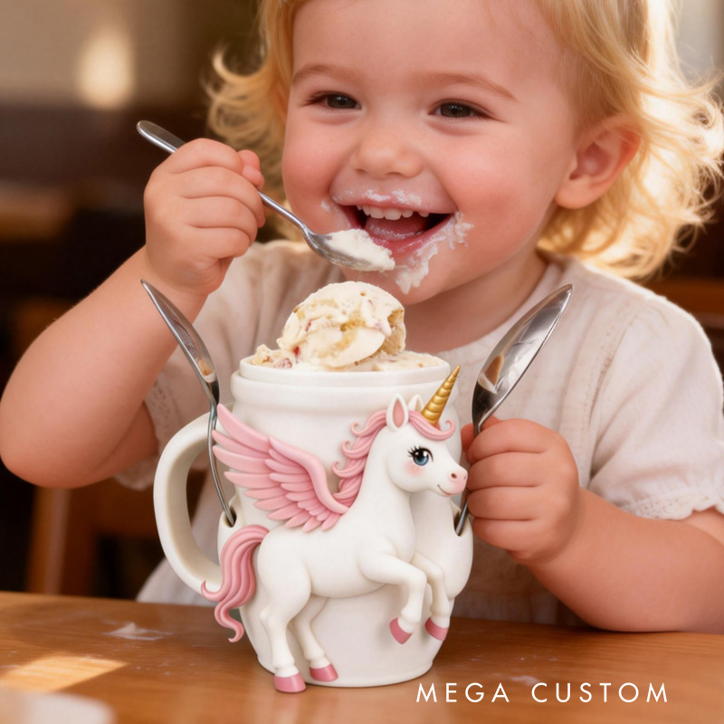 Personalized Rainbow Horse Theme Custom Name Cute Pink Winged Rainbow Horse Ice Cream Holder 3D Printed Cozy with Spoon Slot