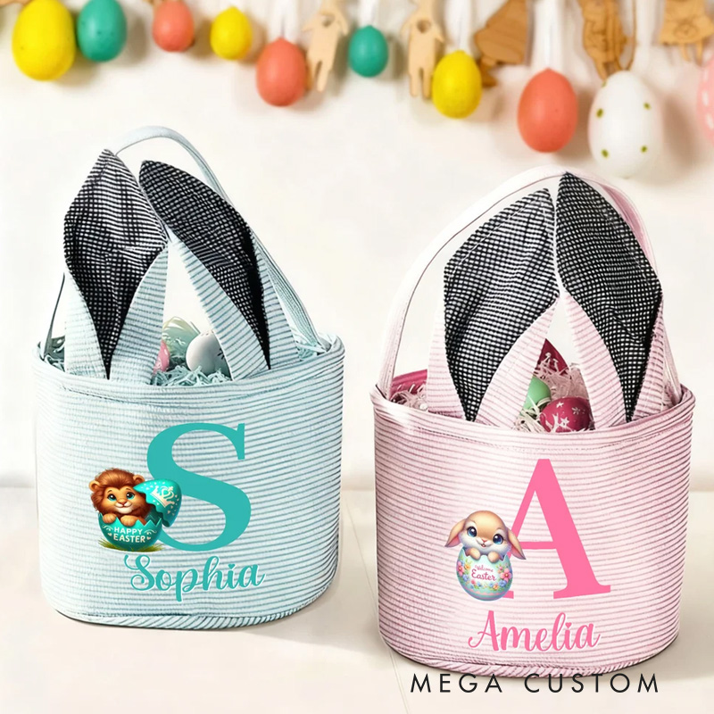 Personalized Multi-Color Cute Animal Bunny Ears Easter Basket with Name and Initial Daily Use Holiday Party Easter Gift for Children