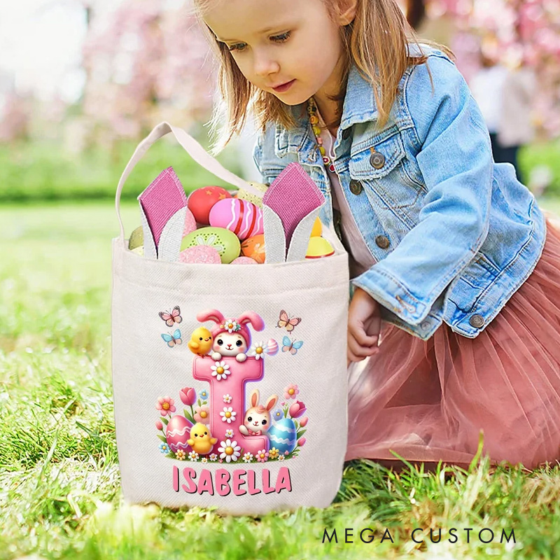 Personalized Cartoon Easter Bunny Ears Large Capacity Basket with Name and Initial Easter Eggs Hunting Party Easter Gift for Kids