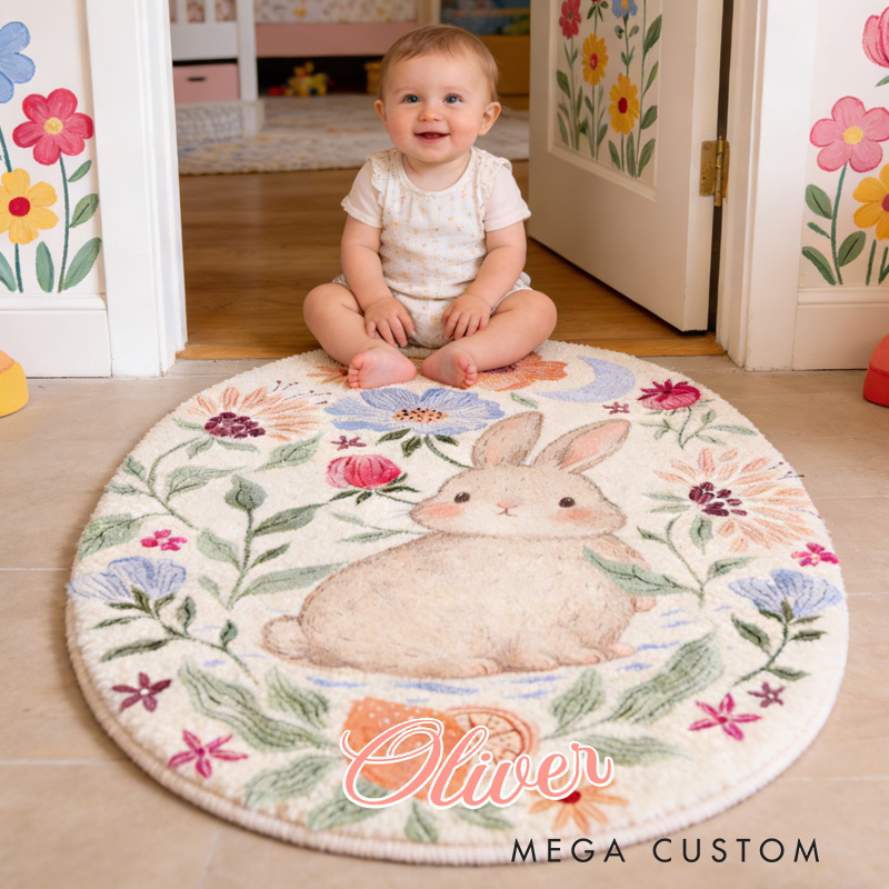 Personalized Unique Custom Name Adorable Rabbit Surrounded by Flowers Bedroom Carpet Rug for Kids