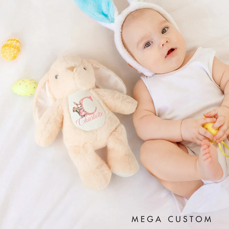 Personalized Cute Rabbit Plush Easter Bunny Stuffed Toy with Initial Name and Birth Flower Easter Gift for Newborns Kids