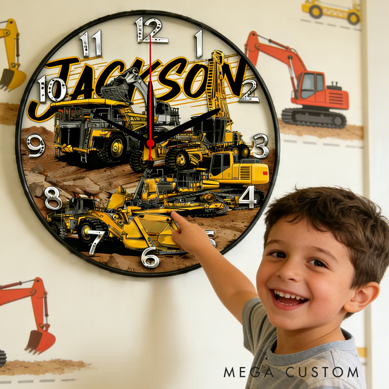 Personalized Unique Custom Name Heavy Equipment Builder Style Boys Bedroom Decor 3D Printed Wall Clock