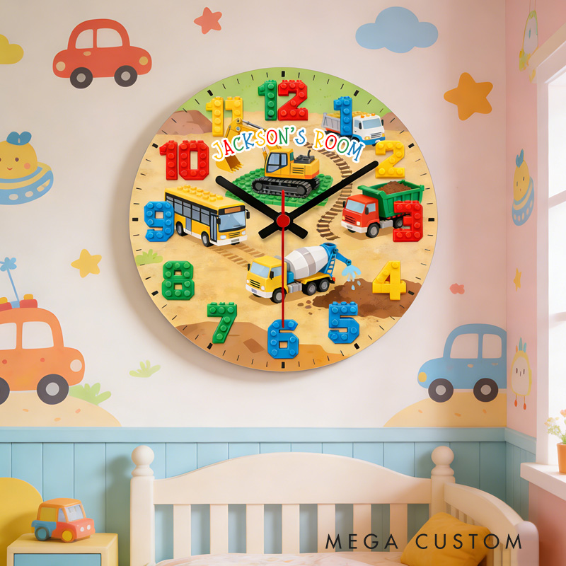Personalized Unique Custom Name Building Blocks Vehicle Theme Boys Bedroom Decor 3D Printed Wall Clock