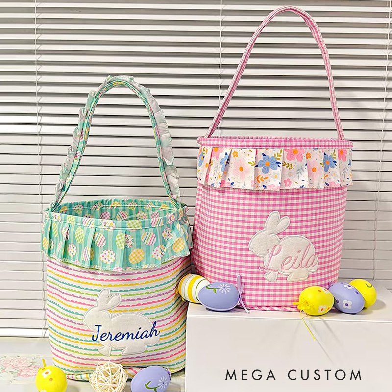 Personalized Unique Custom Name Adorable Rabbit Surrounded by Flowers Kids Holiday Treat Holder Easter Basket