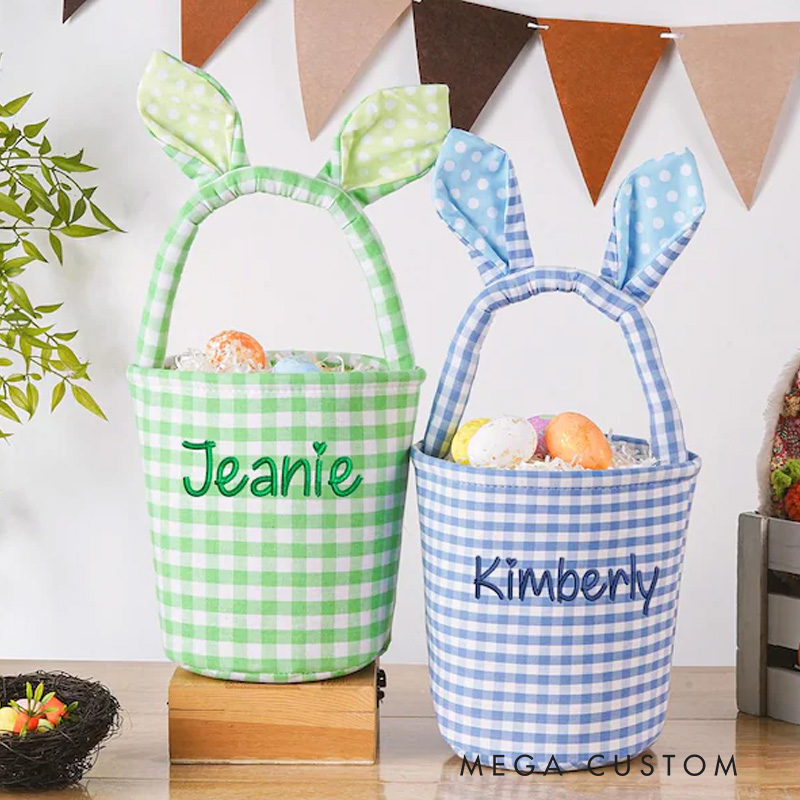 Personalized Unique Custom Name Gingham Bunny Ear Design Holiday Treat Holder Easter Basket