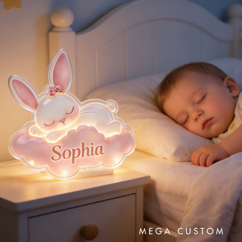 Personalized Fun Custom Name Adorable Bunny Dreamland Theme Baby Room Decoration Acrylic LED Night Light
