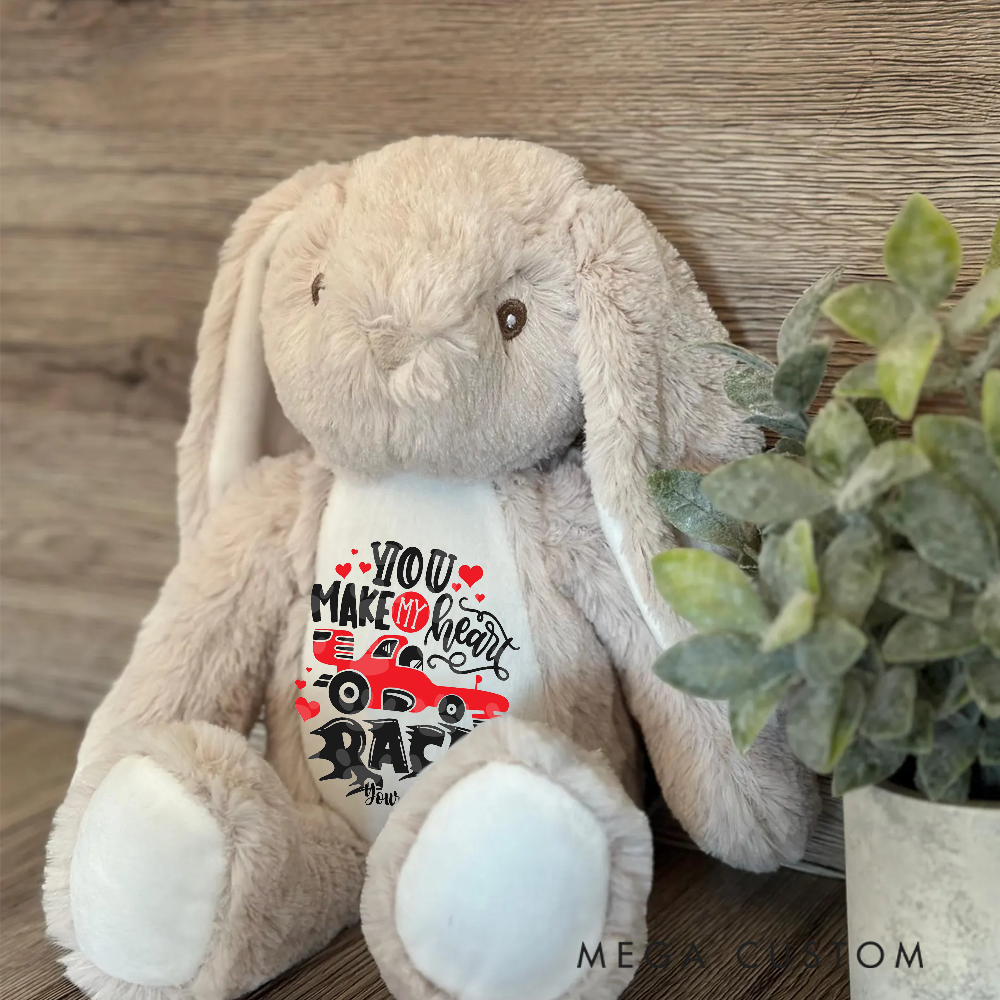 Personalized Racing Bunny Plush Custom Gift for Easter Valentine’s Day and Car Enthusiasts