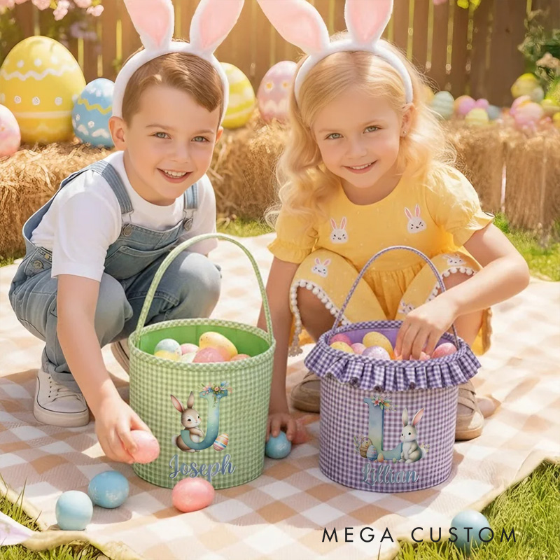 Personalized Cute Bunny Gradient Color Initial Plaid Easter Basket with Name and Ruffles Eggs Hunting Party Easter Gift for Kids