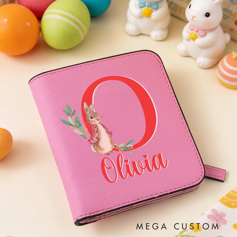 Personalized Cute Rabbit Initial PU Leather Bifold Pocket Wallet with Multiple Card Slots with Name Easter Gift for Girls