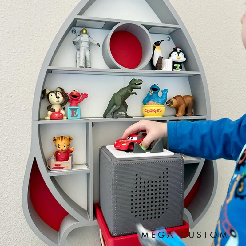 Rocket Shaped Wall Shelf Creative 3D Printed Kids Room Organizer Perfect for Displaying Toys, Figurines, and Space Themed Nursery Decor