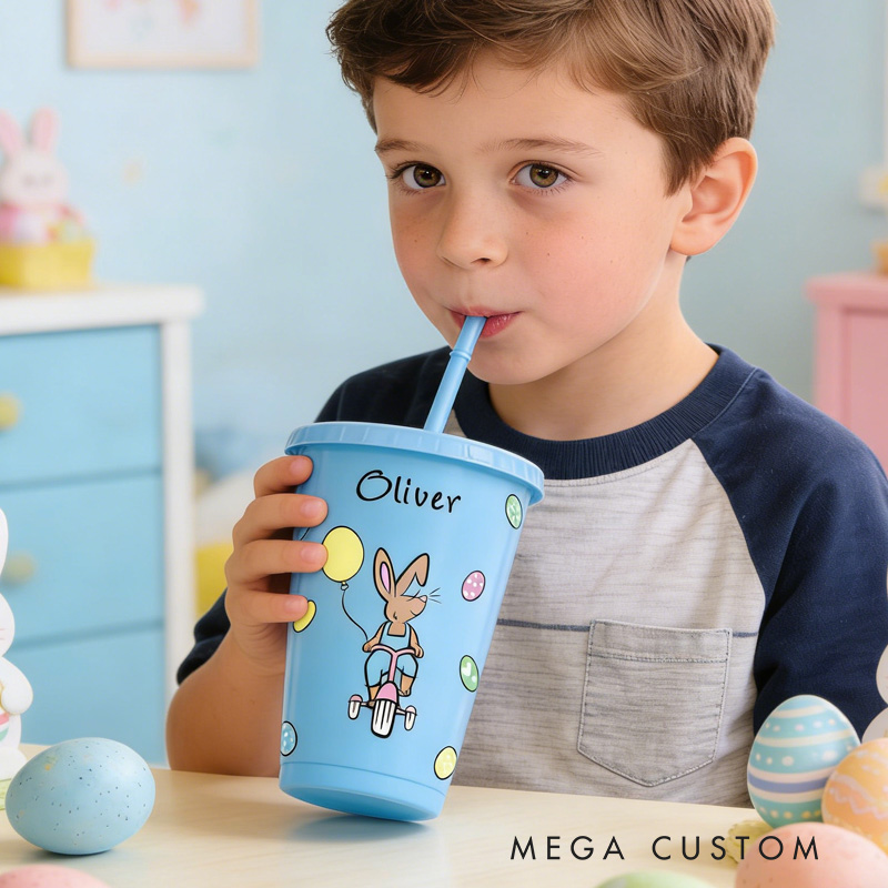 Personalized Easter Bunny Name Cup Cute Spring Egg Pattern Gift for Kids Holiday Celebration Children's cup with straw